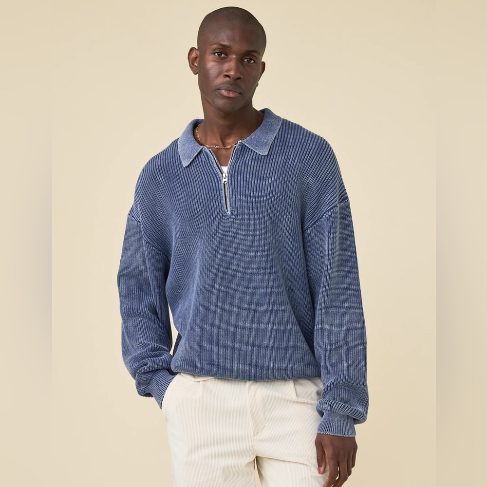 Bound Men's Acid Washed Half Zip Knit Pullover Sweater in Blue